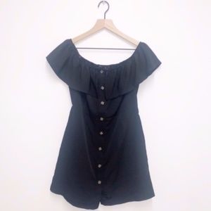 Blue Blush Black Off Shoulder Button Up Mini Dress